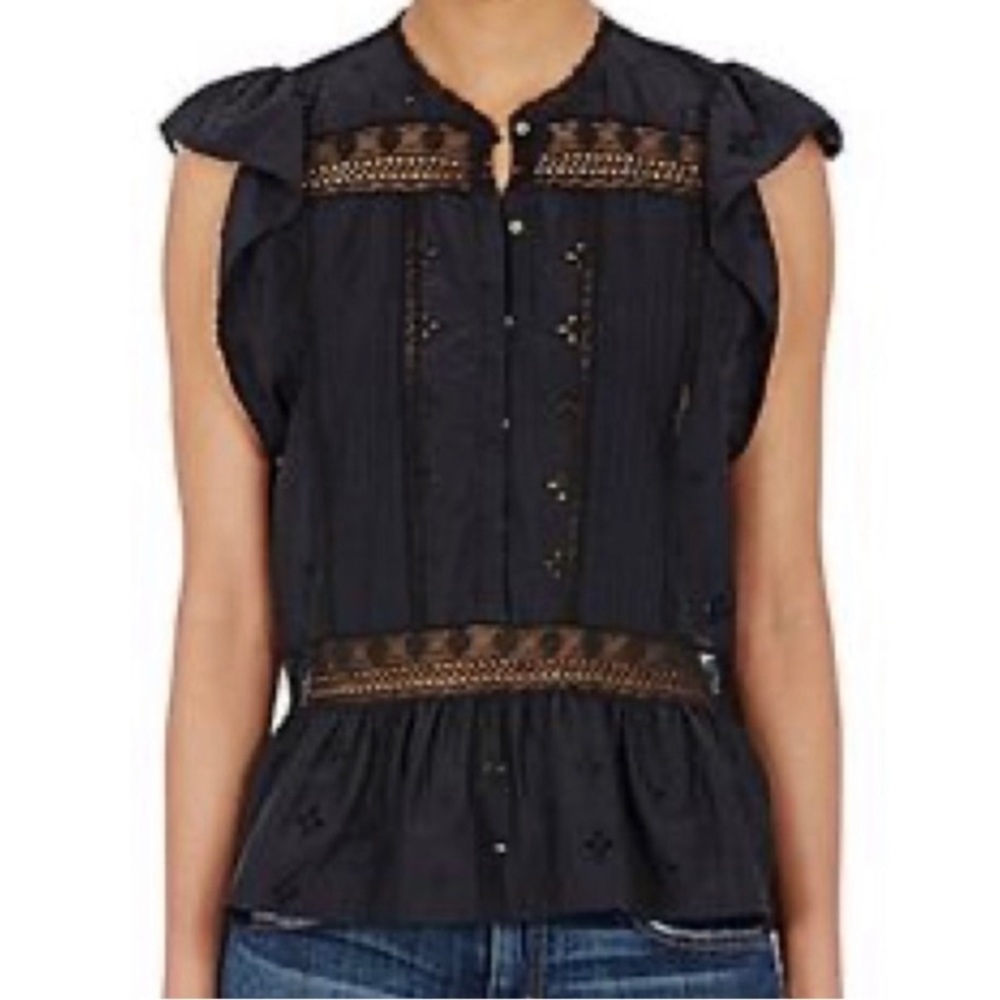 Ulla Johnson Oksana Blouse Button front Eyelet Pleats Ruffles Black Size 6